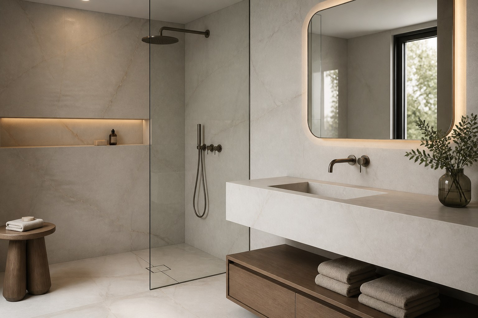 Baño revestido con piedra sinterizada en paredes y lavabo