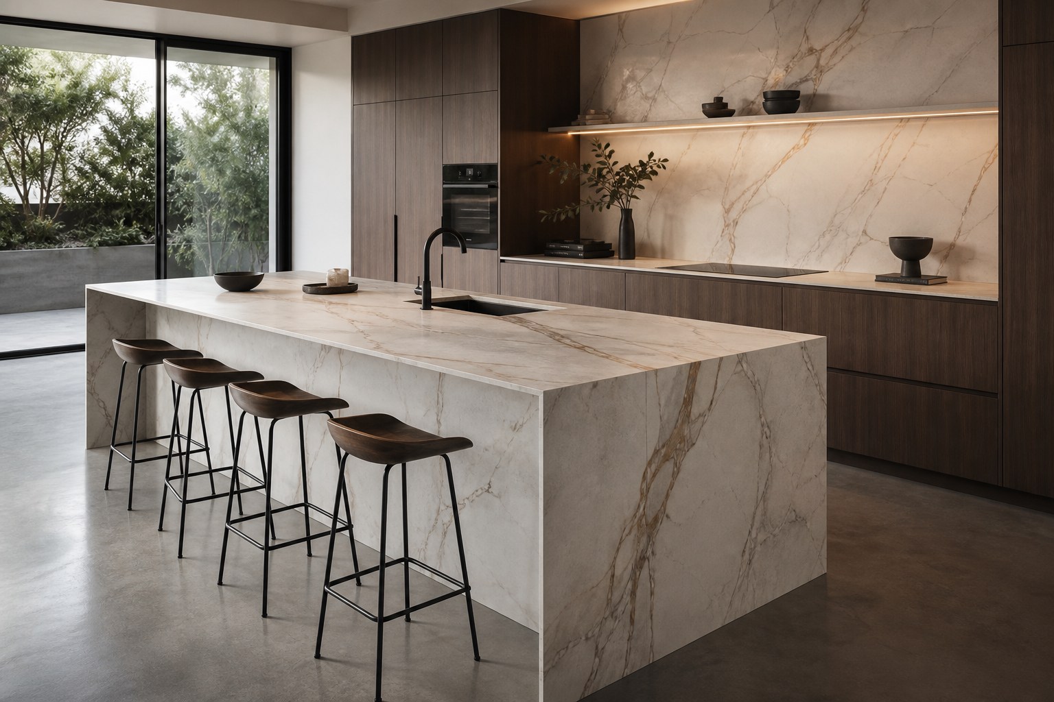 Cocina con encimera e isla de piedra sinterizada