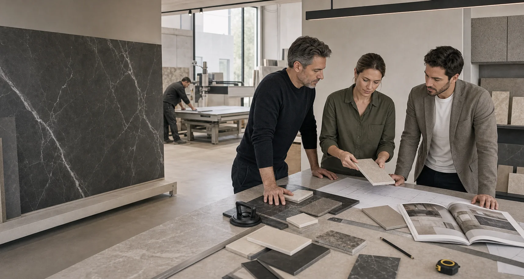 Profesionales revisando muestras y planchas de piedra sinterizada para un proyecto