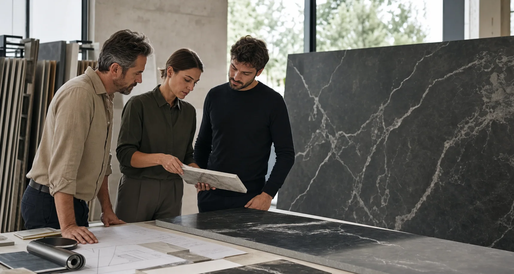 Profesionales revisando muestras de piedra sinterizada para proyectos